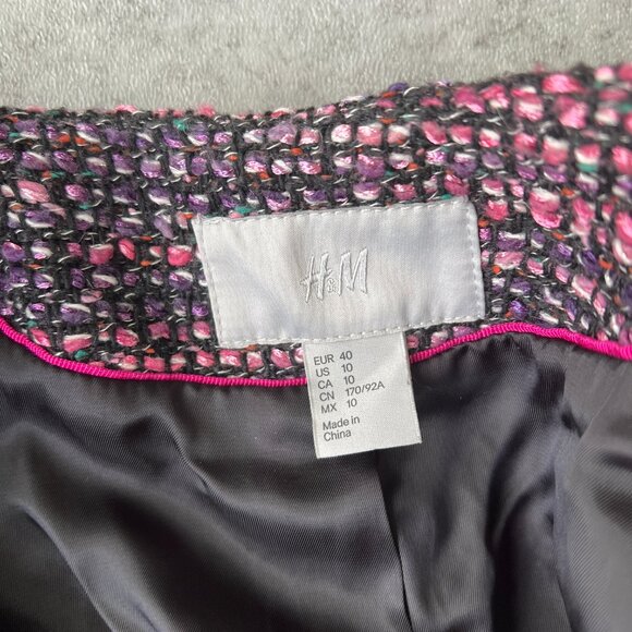 H&M Ladies 10 Med Blazer Wool Blend Fitted V-Neck Crop Zip Jacket Multi Tweed - Picture 4 of 11